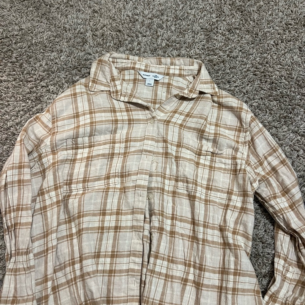 Old Navy Tan Plaid Boyfriend Shirt